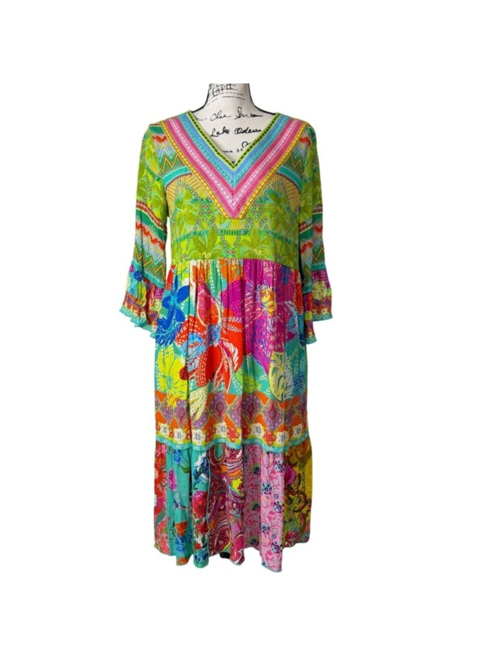 John Mark Womens Size M Dress Embroidered Patchwork Boho Tiered Colorful V-Neck